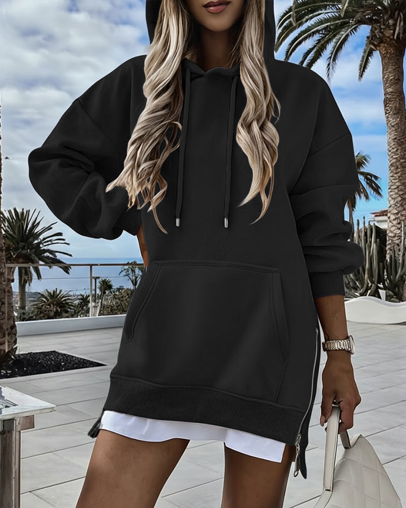 Long Sleeve Pocket Design Pullover Sweatshirt Casual Faux Two Piece Longline Drawstring Hooded Top