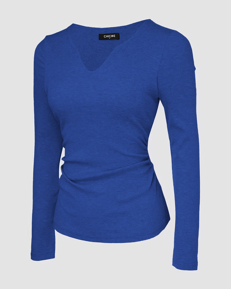 ChicMe Built-in Bra Notch Neck Long Sleeve Shirts Rib-Knit Ruched Waist Top