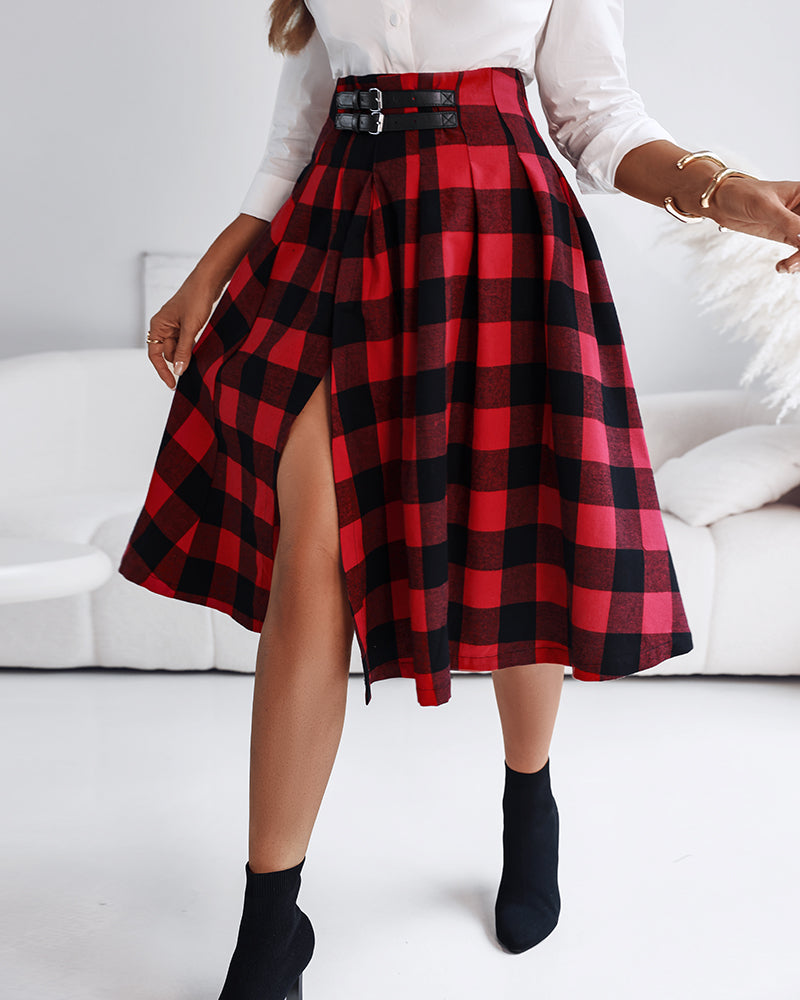 Plaid Print High Waist Side Slit Mid-length Skirt Casual Double Buckle A Line Pleated Skirt