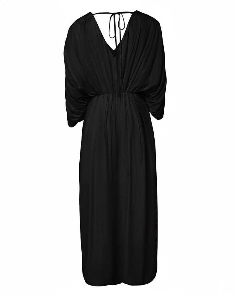 Deep V-Neck Ruched Three Quarters Sleeve Backless Overalls Casual Waist-Gathered Tied Detail Jumpsuit without Belt