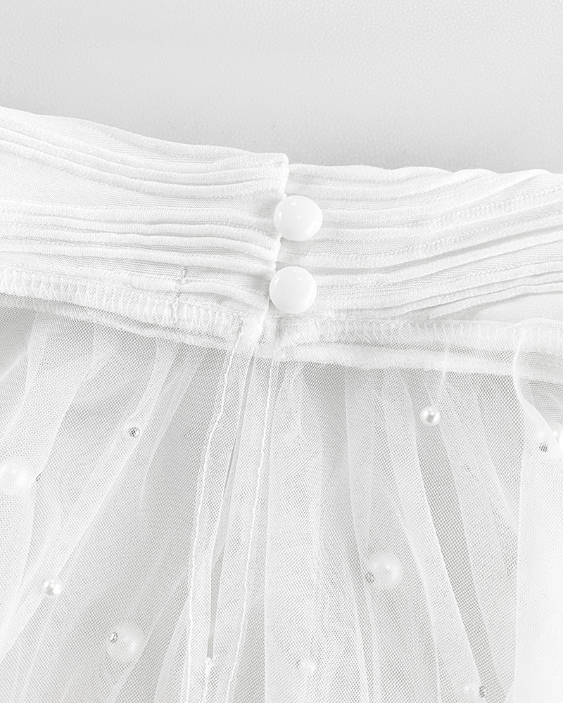 Pearls Decor High Neck Sheer Mesh Spliced Ruched Tee Hollow-out Back Slim Fit Textured Top