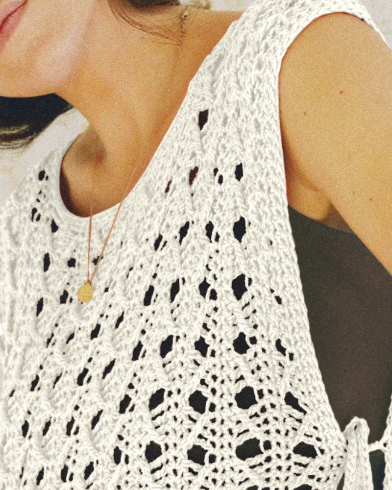 Round Neck Sleeveless Hollow-out Crochet Sweater Casual Tie Side Breathable Crop Top