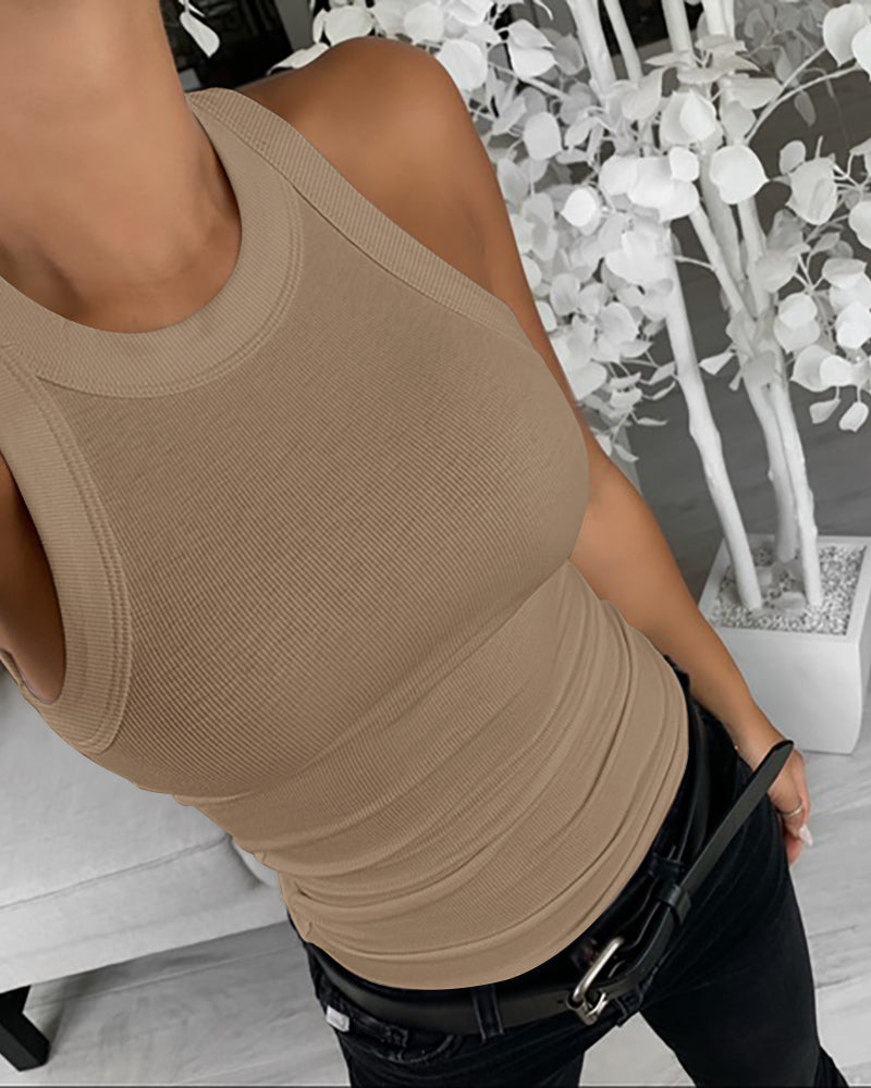 O-Neck Sleeveless Basic Slim Fit Skinny Tank Casual Top(Without Pads)