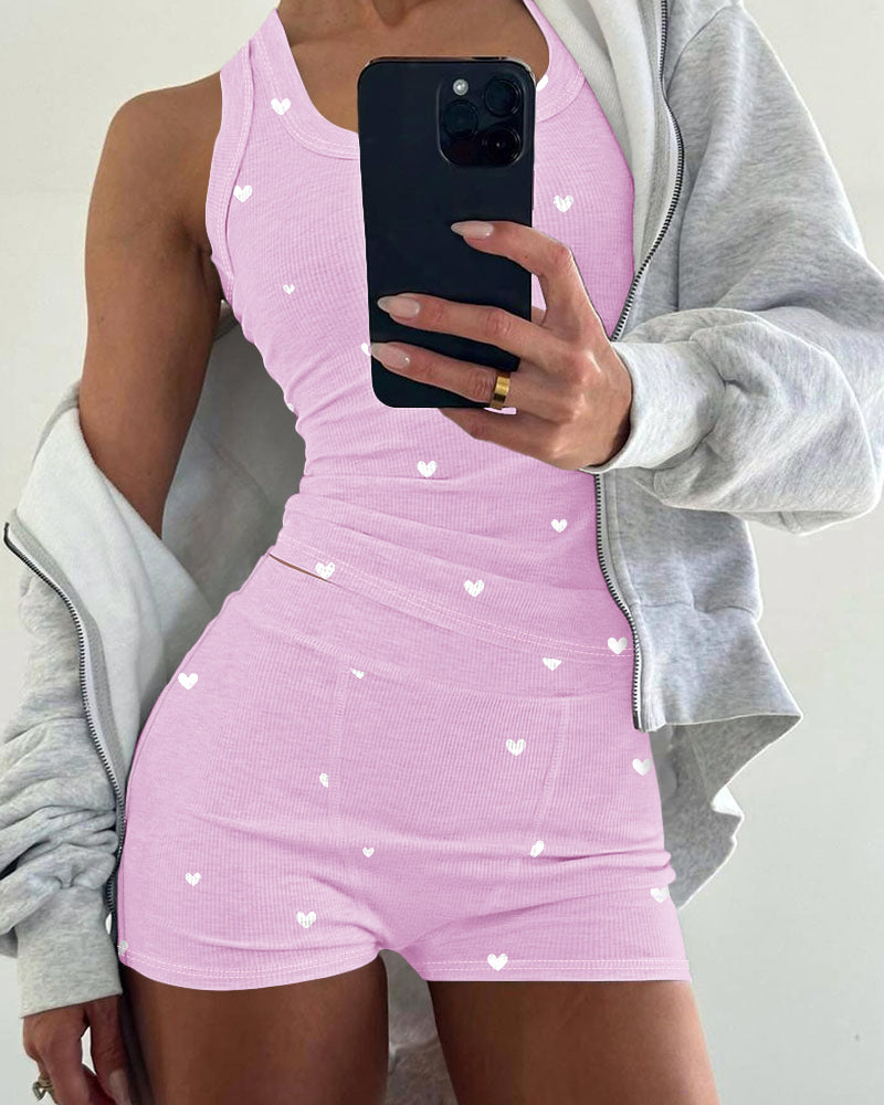 2 Pieces Outfit Heart Print U Neck Sleeveless Tank Top and Casual Strechy Waist Shorts Set Slim Fit Ribbed Pajamas Set