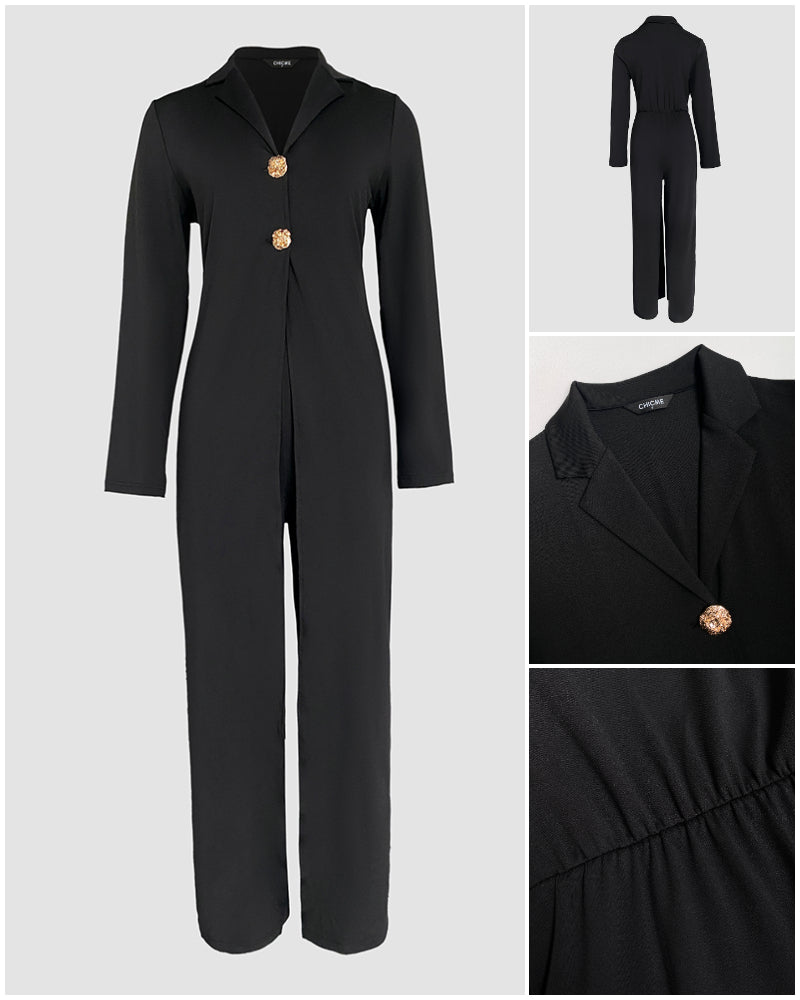 Notched Collar Long Sleeve Button Front Jumpsuit Casual Cinched Waist Wide Leg Faux Two-Piece Jumpsuit