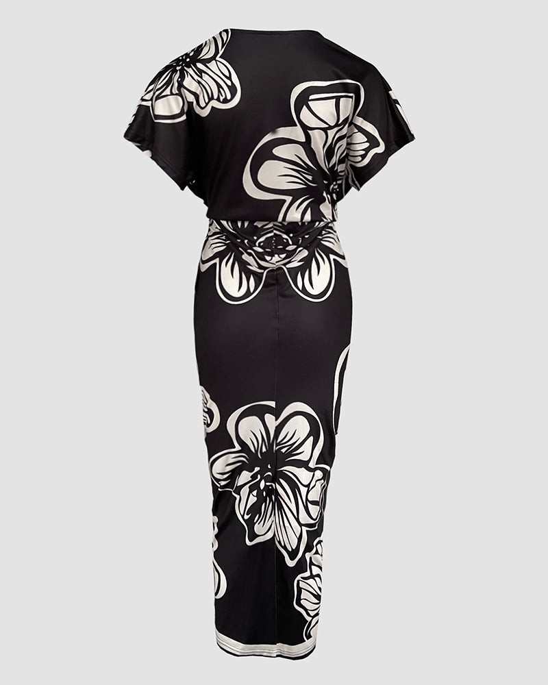 Floral Print Deep V Neck Short Sleeve Ruched Maxi Dress Casual Slit Front Vacation Dress