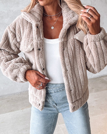 Textured Striped Turn-down Collar Button Front Elastic Cuff and Hem Teddy Fleece Jacket With Decorative Flap Pockets