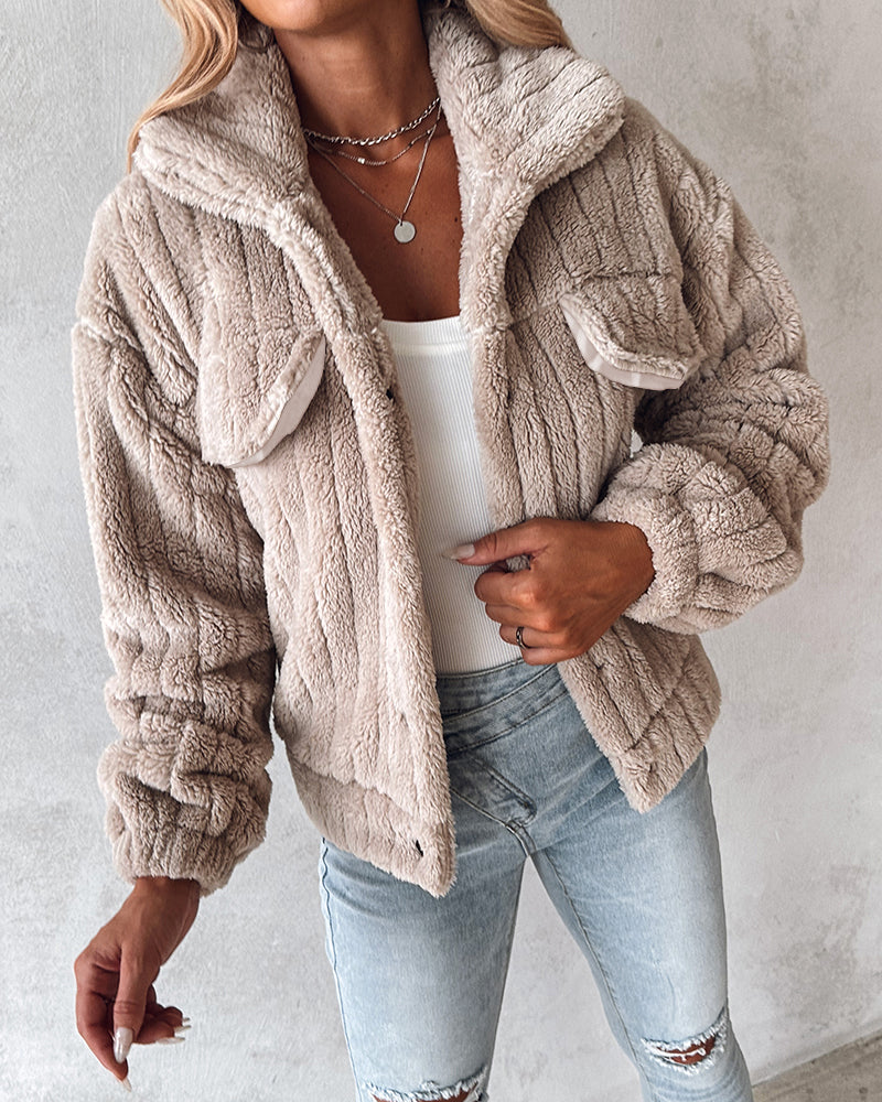 Textured Striped Turn-down Collar Button Front Elastic Cuff and Hem Teddy Fleece Jacket With Decorative Flap Pockets