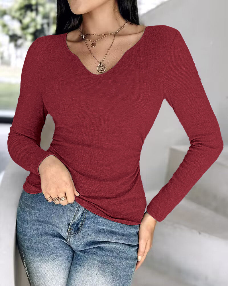 ChicMe Built-in Bra Notch Neck Long Sleeve Shirts Rib-Knit Ruched Waist Top
