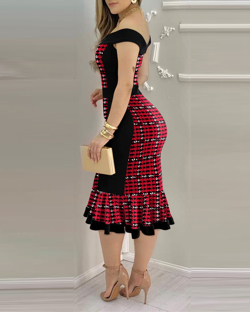 Houndstooth Print Off Shoulder Bodycon Dress Ruffle Hem Vintage Mid-length Dress