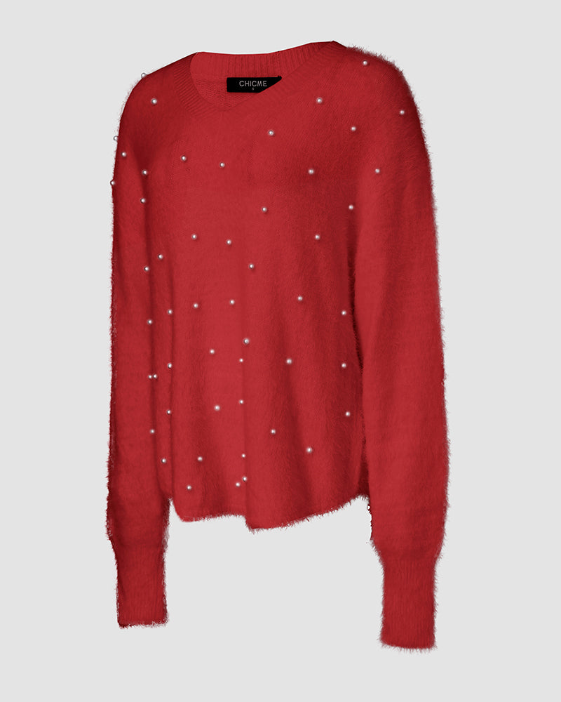 V-Neck Long Sleeve Beaded Decor Oversized Sweater Fluffy Pullover Top