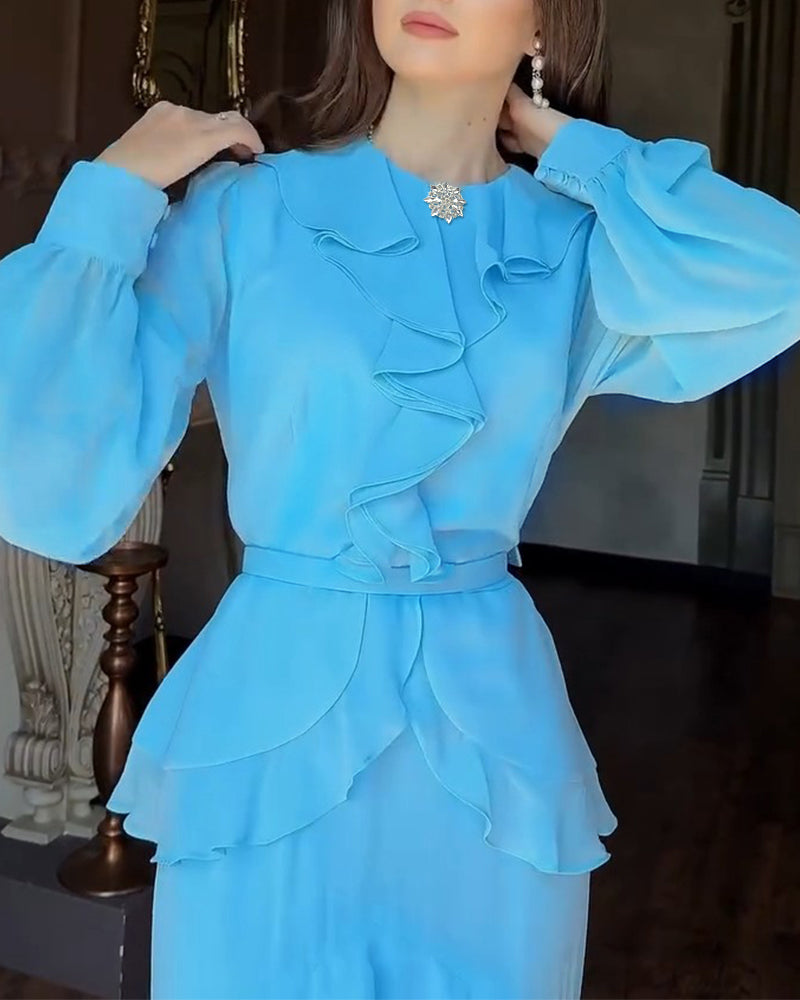 French Style Rhinestone Decor Ruffles Round Neck Lantern Sleeve Asymmetrical Hem Dress Zipper Back Layered Ruffle Hem Chiffon Evening Dress with Belt