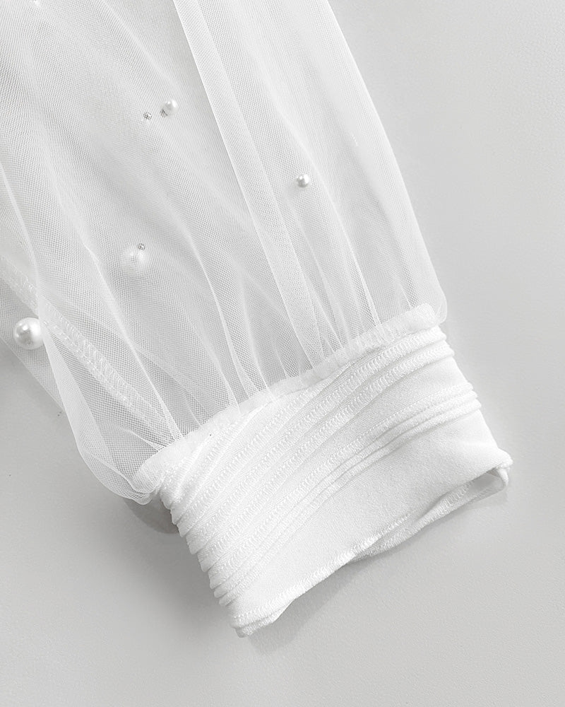 Pearls Decor High Neck Sheer Mesh Spliced Ruched Tee Hollow-out Back Slim Fit Textured Top