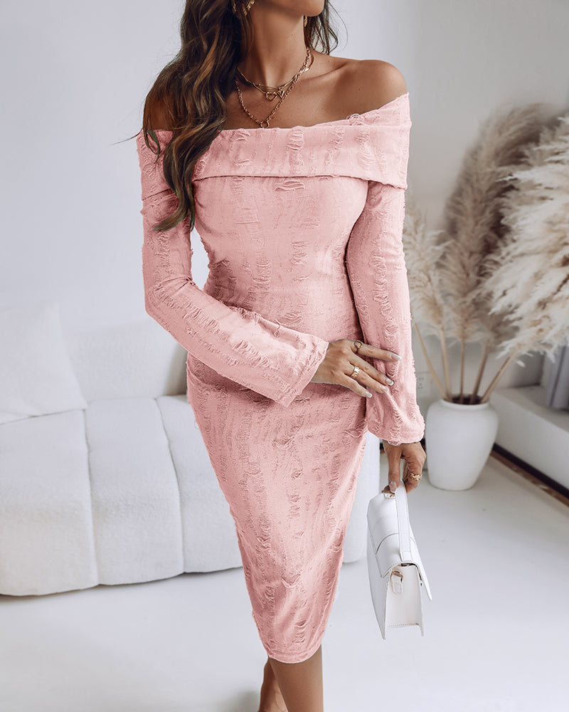 Off Shoulder Long Sleeve Hollow Out Knit Dress Casual Slim Fit Midi Sweater Dress