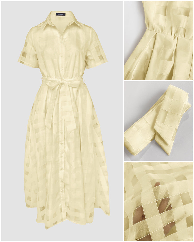 Turn-down Collar Plaid Mesh Double-Layered Cinched Waist Maxi Dress Button Down Bow Tie Waist Commuting Dress