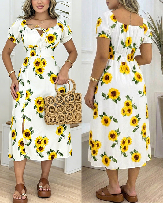 Women's Sunflower Print Midi Dress Puff Sleeve Tie Neck Sundress Shirred Back Slit A-Line Vacation Dress with Lining