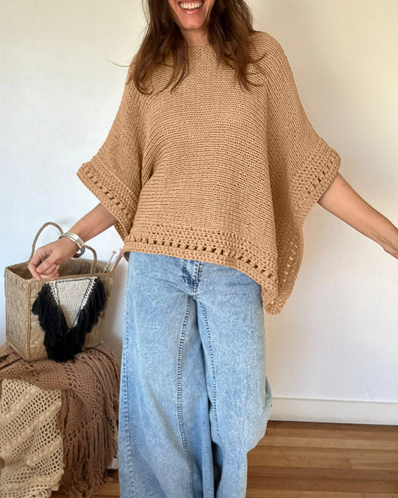 Solid Batwing Sleeve Hollow-out Crochet Pattern Top Casual Cover Up