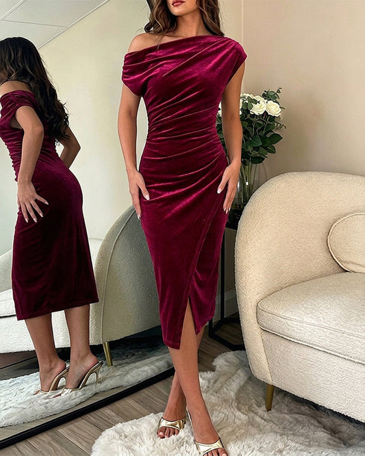 Women's Velvet Skew Neck Midi Dress Elegant Ruched Wrap Slit Bodycon Evening Dress