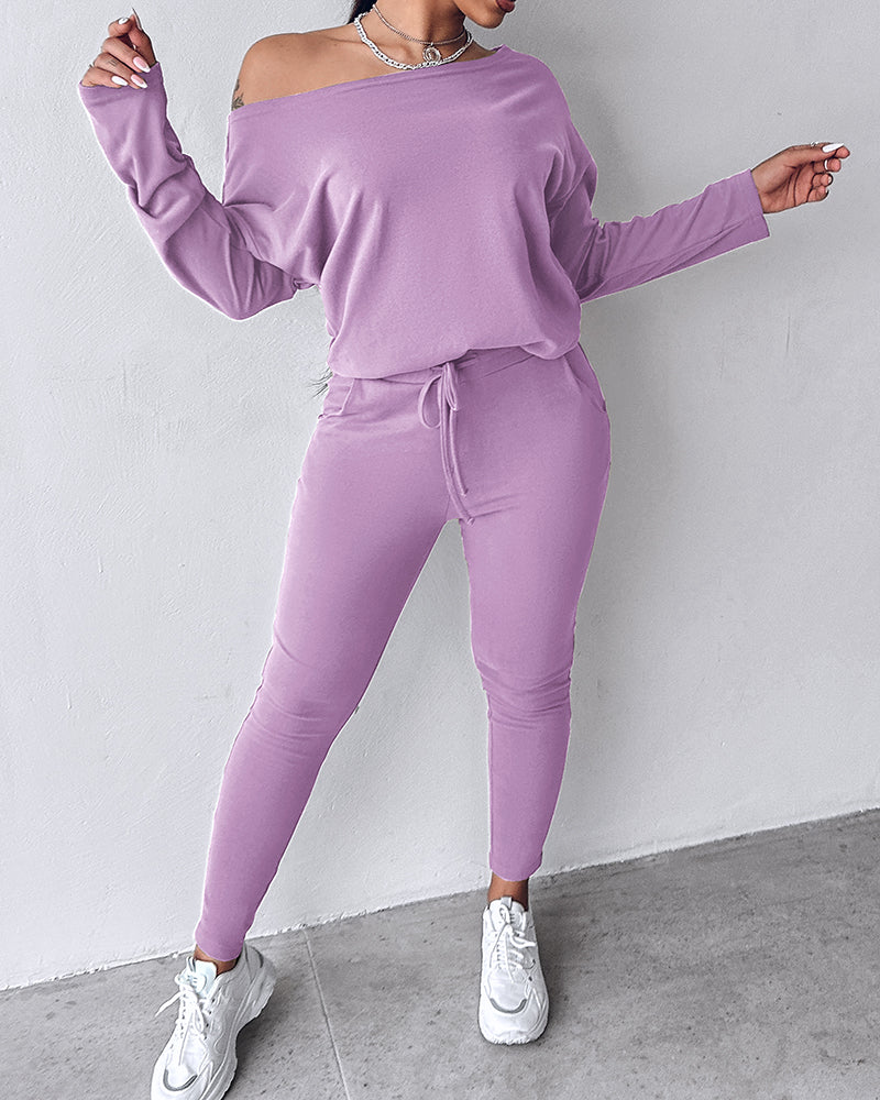 2 Pieces Outfit Long Sleeve Skew Neck Pullover Top and Drawstring Elastic Waist Slim Fit Pants Set