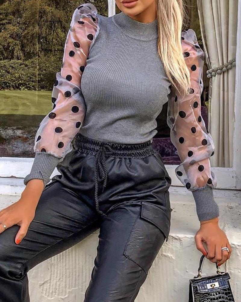 Dot Mesh Patch Mock Neck Puff Sleeve Blouse Casaul Pullover Knit Top