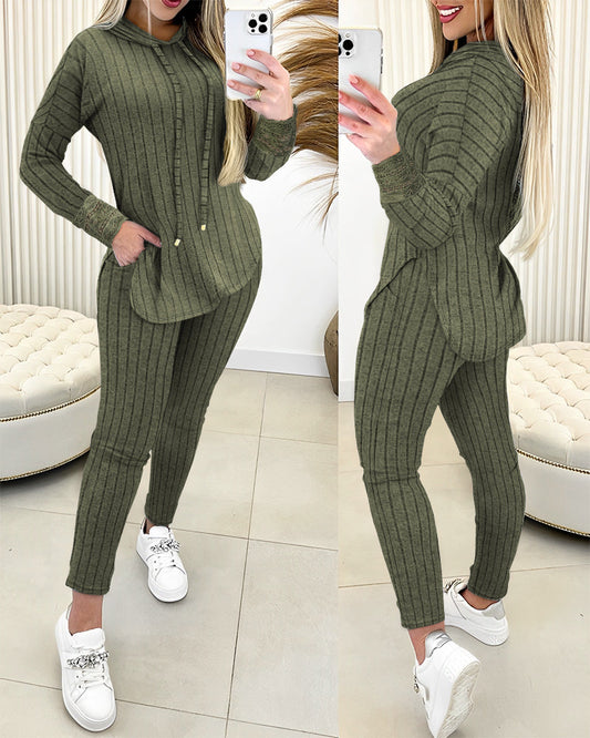2 Pieces Outfit Drop Shoulder Lace Cuffs Asymmetrical Hem Drawstring Hoodie Top and Elastic Waist Slim Fit Pants Set Casual Brushed Ribbed Set