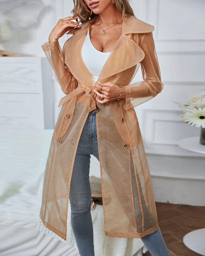 Notched Collar Long Sleeve Double Breasted Sheer Mesh Jacket Casual Longline Trench Coat with Belt