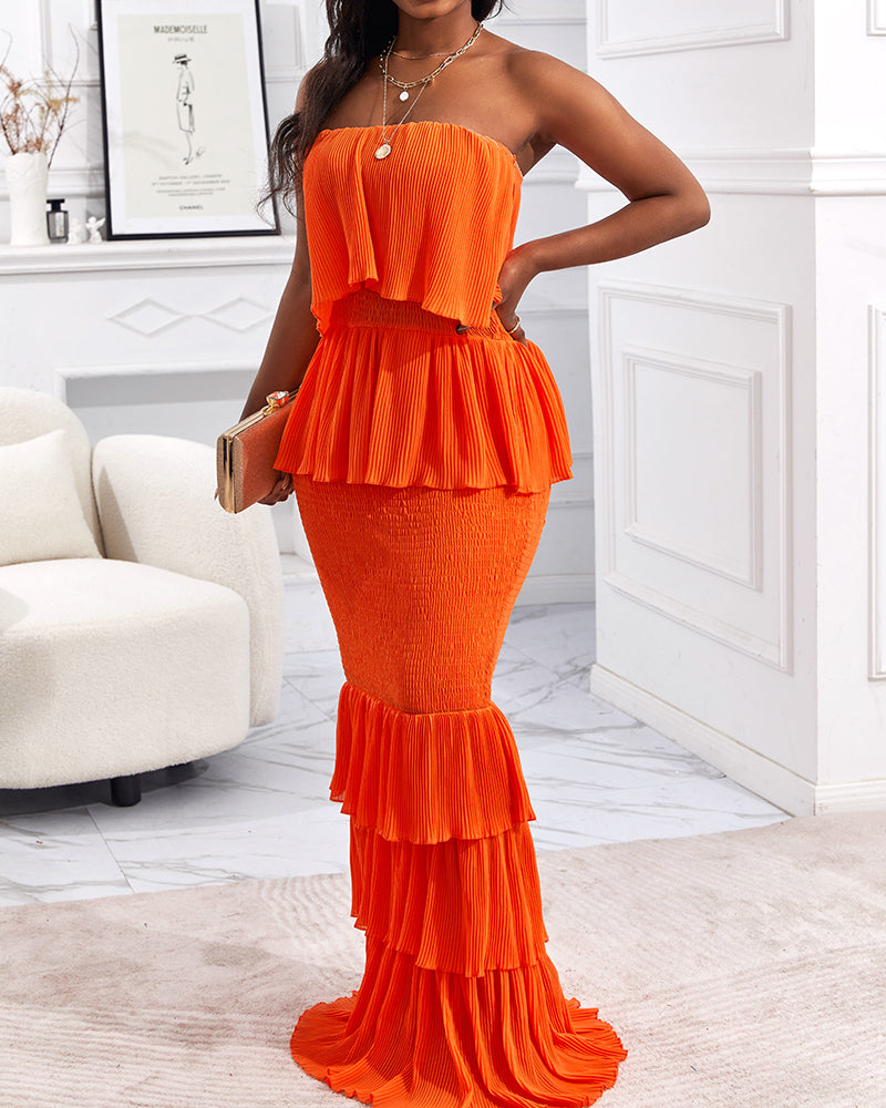 Layered Ruffle Shirred Slim Fit Strapless Dress Textured Maxi Party Dress