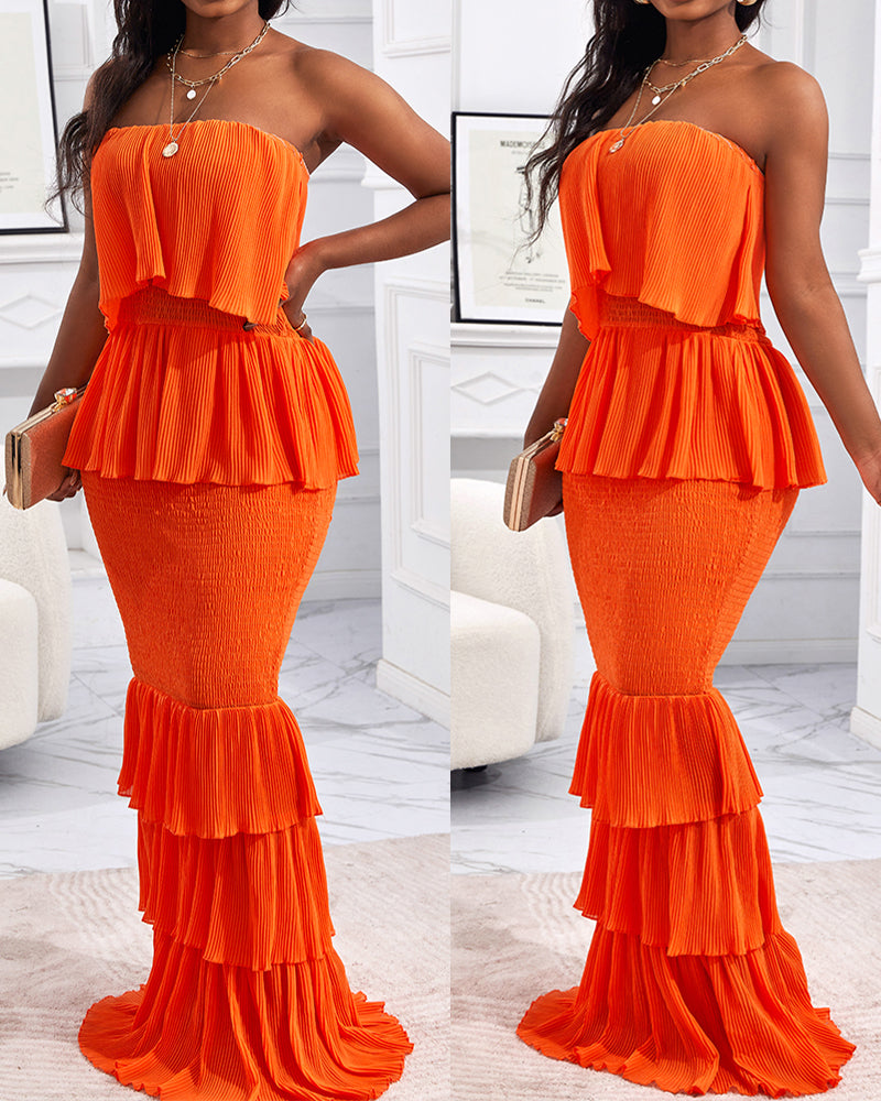 Layered Ruffle Shirred Slim Fit Strapless Dress Textured Maxi Party Dress