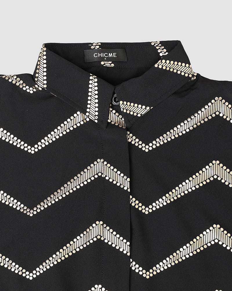 Bronzing Chevron Print Turn-down Collar Tied Detail Shirt Dress