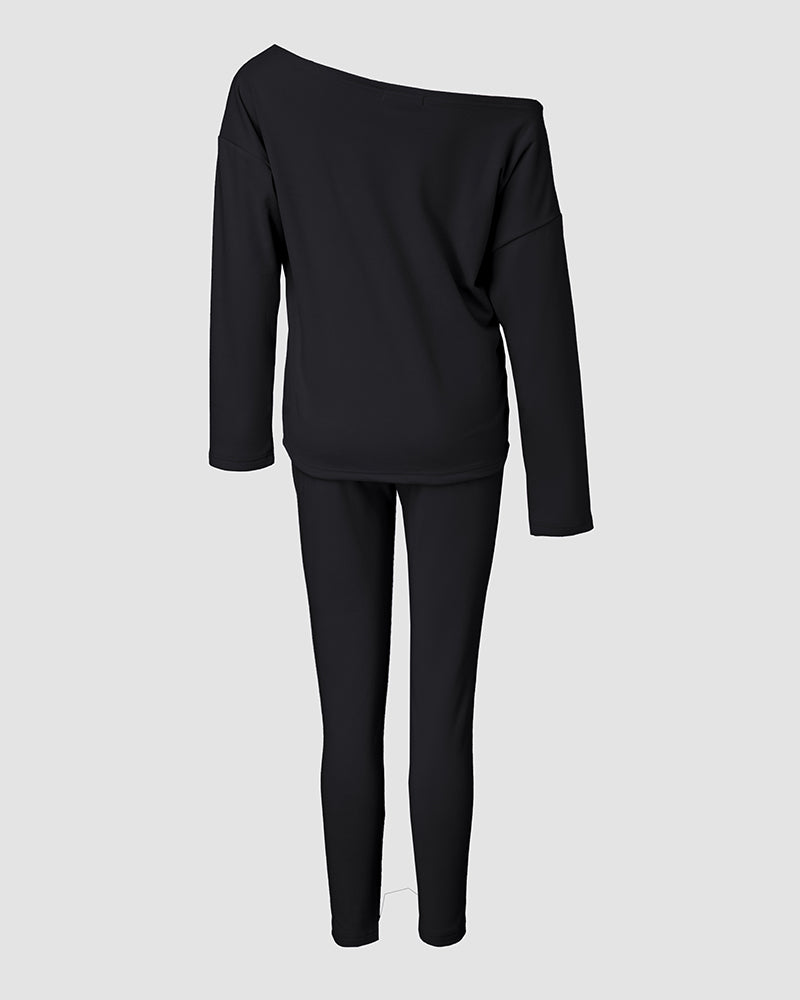 2 Pieces Outfit Long Sleeve Skew Neck Pullover Top and Drawstring Elastic Waist Slim Fit Pants Set
