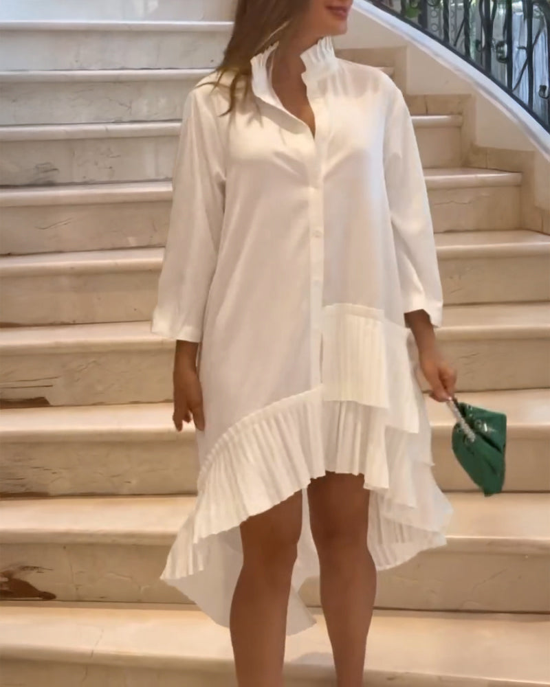 Pleated High Neck Button Down Asymmetrical Pleated Ruffle Hem Vacation Dress Casual High-Low Hem Loose Dress