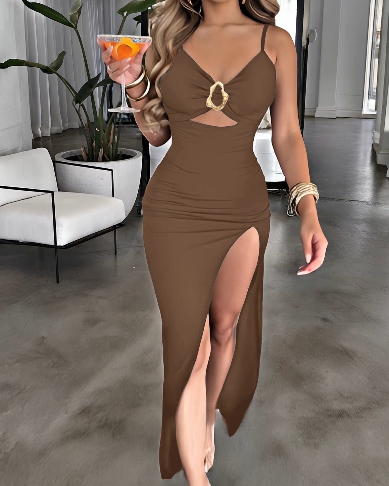 Metal Ring Decor V-Neck Adjustable Spaghetti Straps Bodycon Dress High Slit Hollow-out Evening Dress