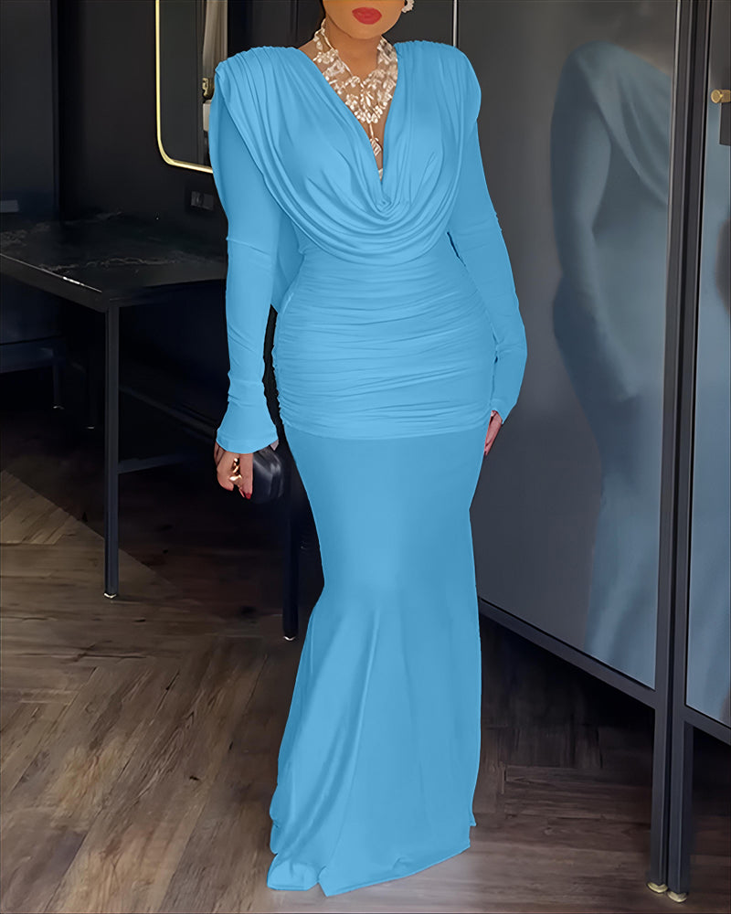 Cowl Neck Ruched Zipper Back Slim Fit Maxi Dress Casual Padded Shoulders Backless Evening Dress