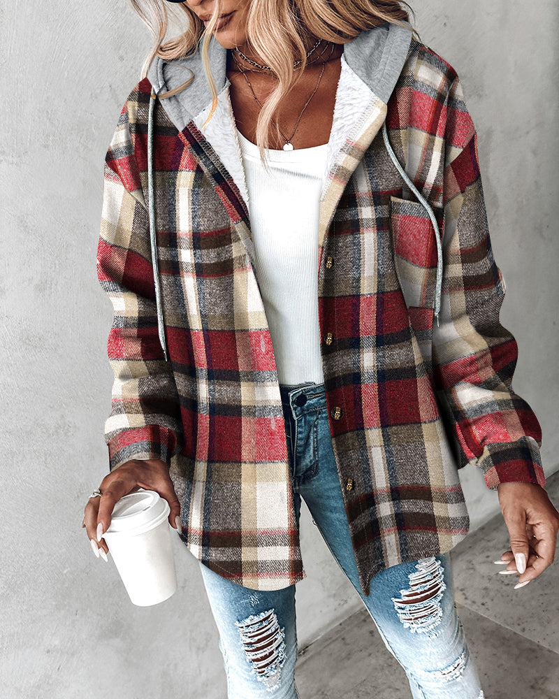 Plaid Print Long Sleeve Button Front Drawstring Hoodie Jacket Casual Pocket Design Thermal Lined Warm Coat