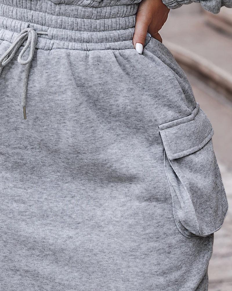 Overlap V-Neck Drop Shoulder Cinched Waist Drawstring Hoodie Dress Casual Flap Cargo Pockets Design Drawstring Elastic Waist Midi Dress