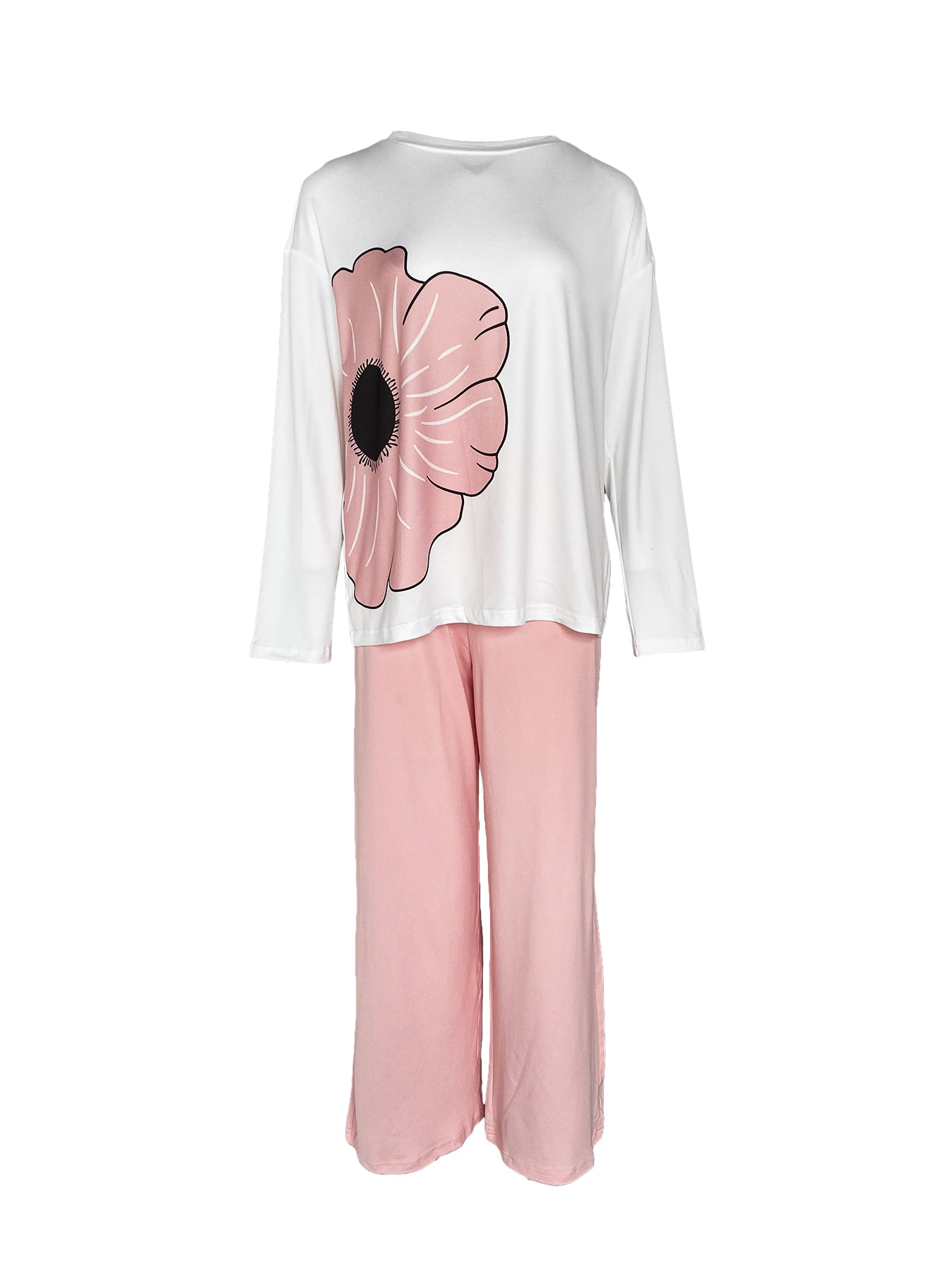 2 Pieces Outfit Floral Placement Print Long Sleeve Drop Shoulder Top and Elastic Waist Pants Set Causal Pajamas Set