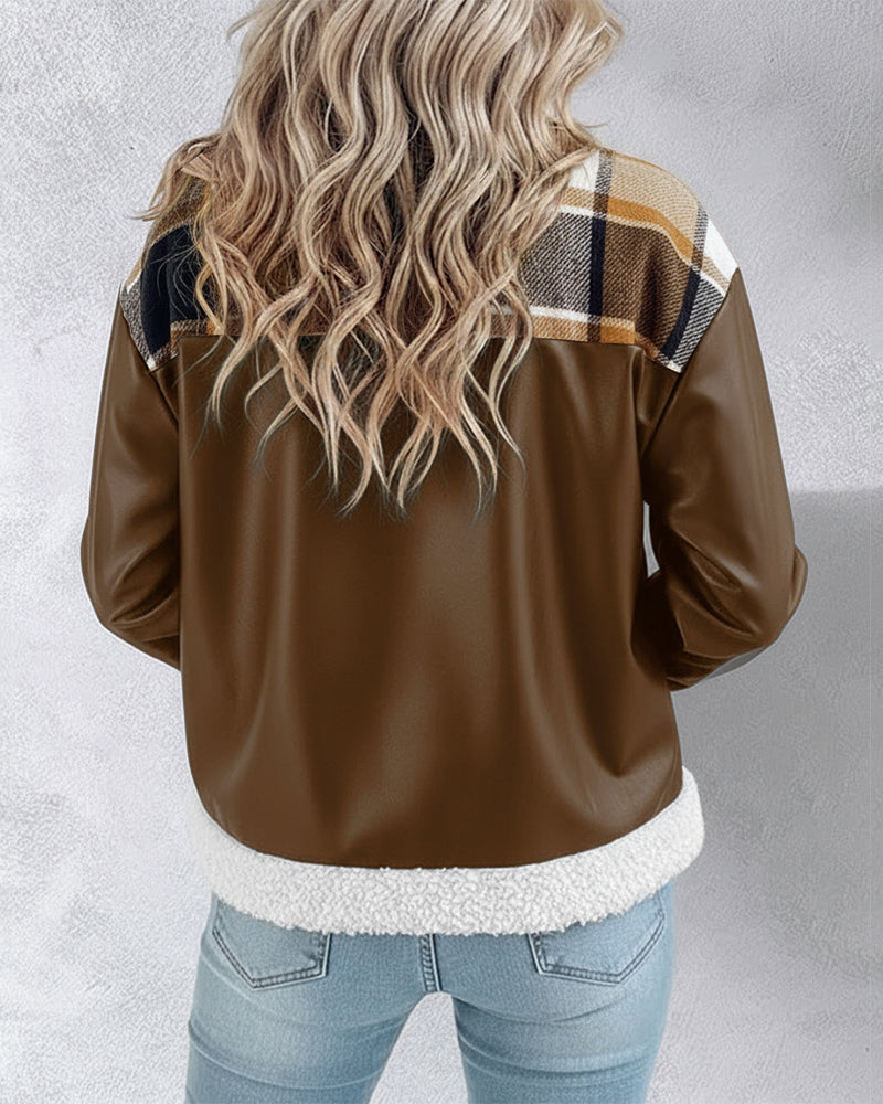 PU Leather Plaid Print Spliced Turn-down Collar Button Front Thermal Lined Jacket Casual Faux Shearling Trim Flap Pockets Design Crop Warm Coat