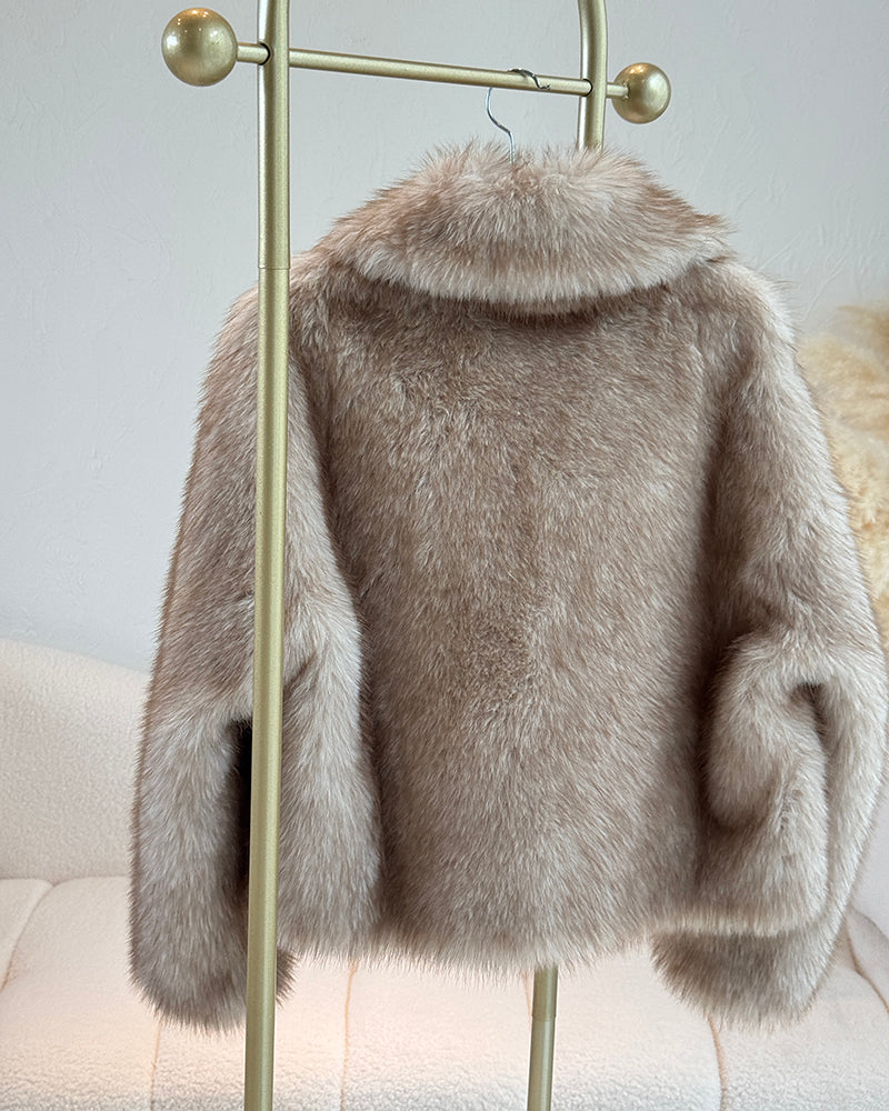 Turn-down Collar Long Sleeve Faux Fur Coat Jacket Casual Warm Fluffy Cropped Coat
