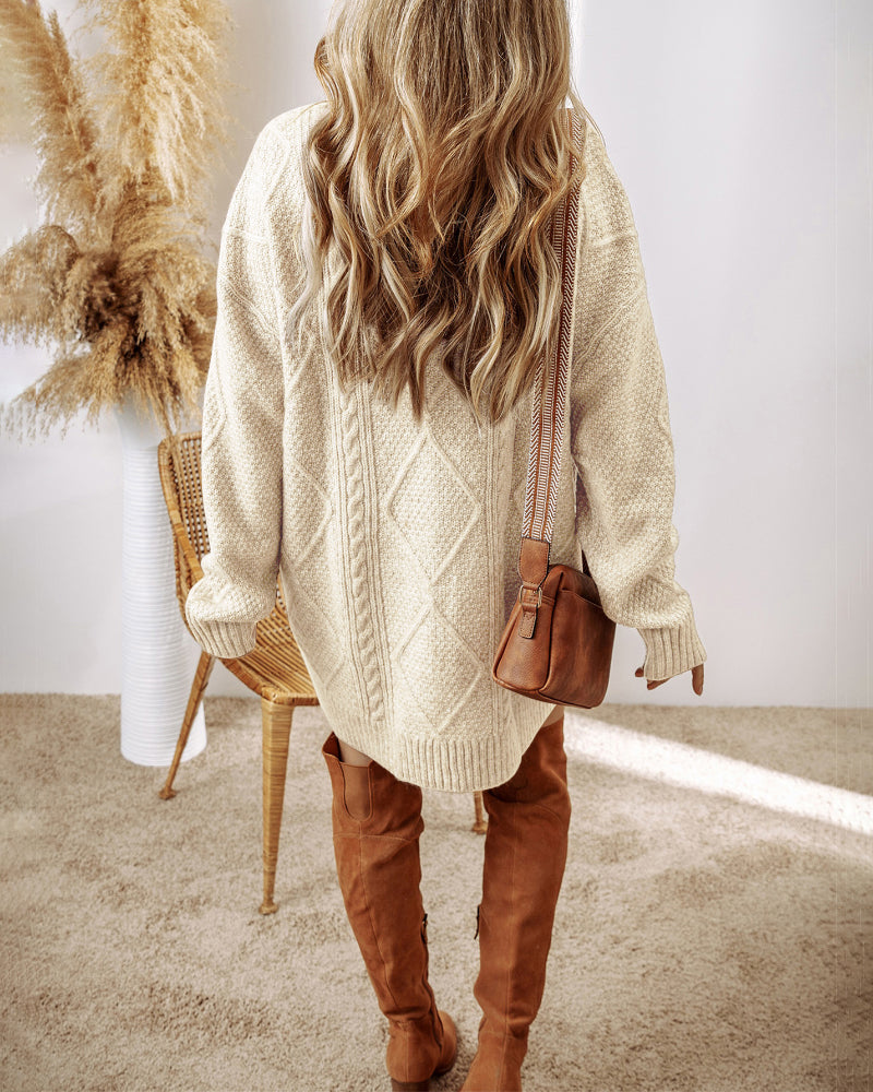 Round Neck Long Sleeve Drop Shoulder Pullover Sweater Casual Loose Fit Cable Knit Mid-length Sweater