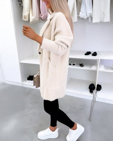 Notched Collar Long Sleeve Single Breasted Coat Casual Mid-legth Fuzzy Coat with Pockets