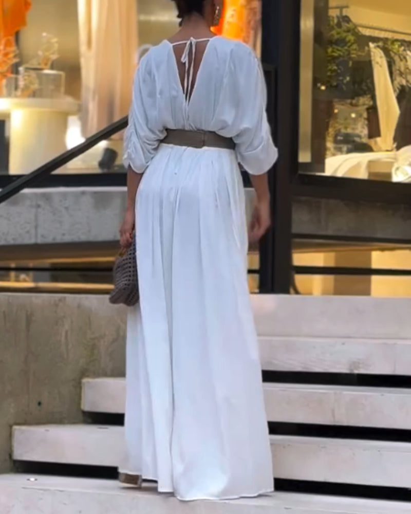Deep V-Neck Ruched Three Quarters Sleeve Backless Overalls Casual Waist-Gathered Tied Detail Jumpsuit without Belt