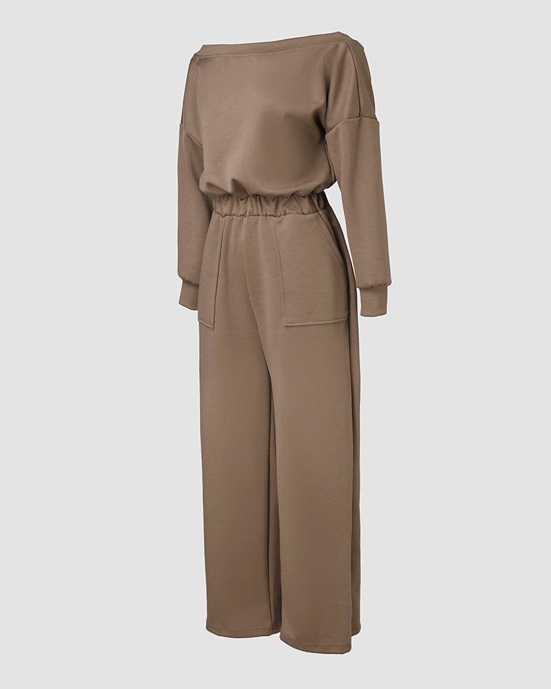 Off Shoulder V-Back Elastic Waist Pockets Design Jumpsuit Casual Drop Shoulder Cinched Waist Wide Leg Jumpsuit