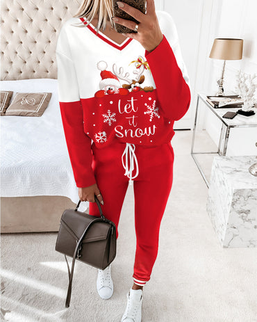 2 Piece Christmas Cartoon Santa Slaus Reindeer Let it Snow Print Long Sleeve Top Stretchy Waist Tracksuit Set