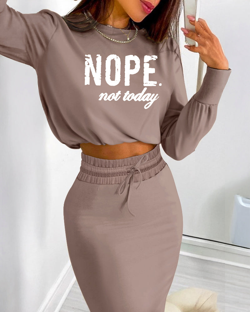 2 Pieces Outfit NOPE. not today Slogan Print Long Sleeve Stretchy Hem Crop Top and High Waist Drawstring Elastic Waist Slit Casual Skirt Set