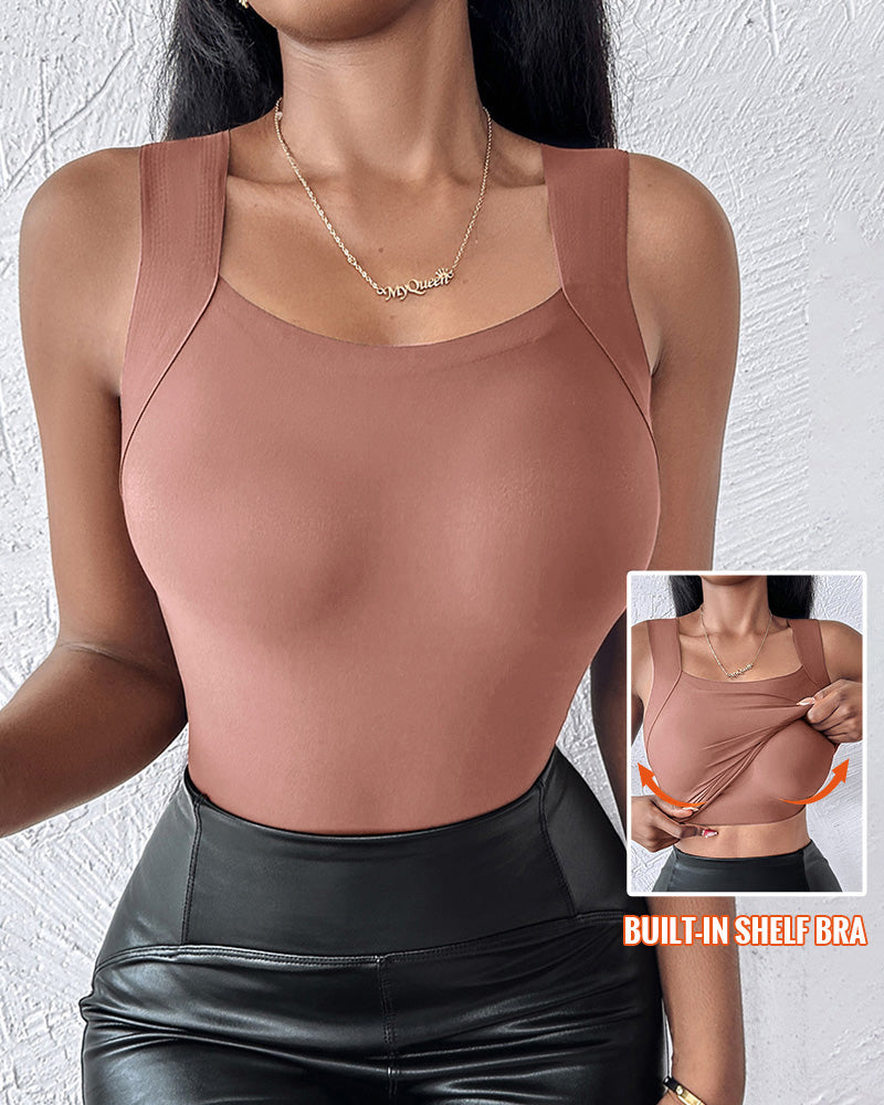 U-Neck Sleeveless Tank Seamless Skinny Layering Top with Built-In Bra