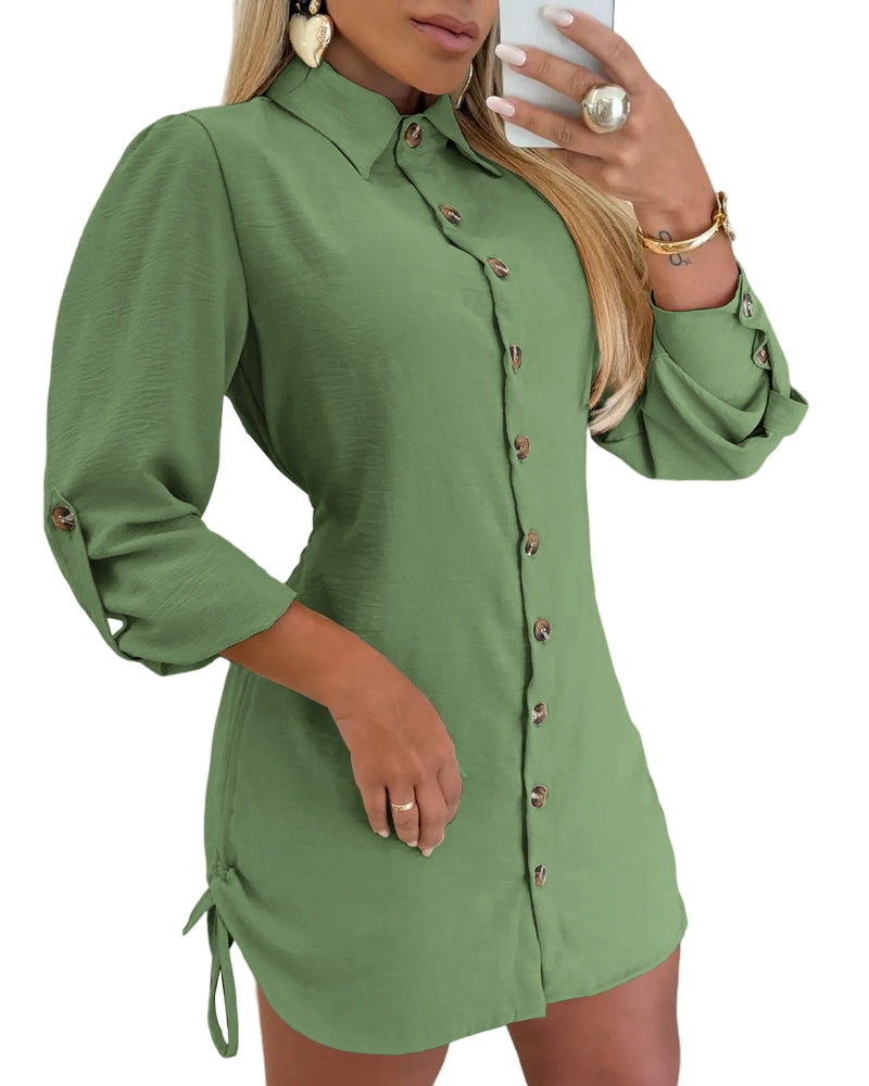 Button Down Shirt Dress Roll Tab Sleeve Side Drawstring Mini Dresses