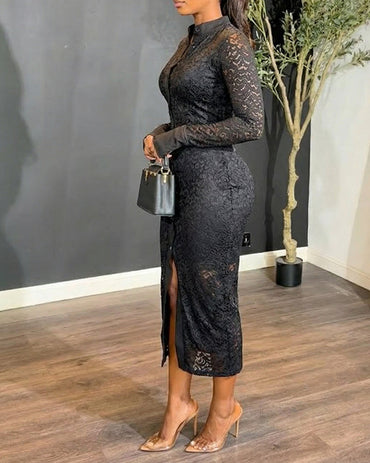ChicMeLive Women's Stand Collar Floral Lace Mid-length Dress Long Sleeve Button Down Bodycon Dress with Cami Lining Set