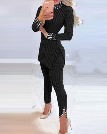 2 Piece Outfits Long Sleeve Beaded Side Slit Knit Top High Waist Skinny Pants Lounge Sets