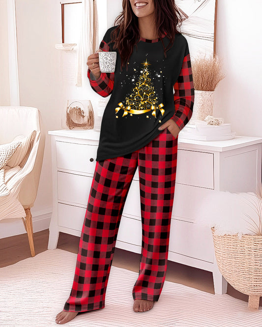 2 Pieces Outfit Christmas Tree Print Plaid Print Spliced Long Sleeve Top and Plaid Print Elastic Waist Pants Set Casual Pajamas Set