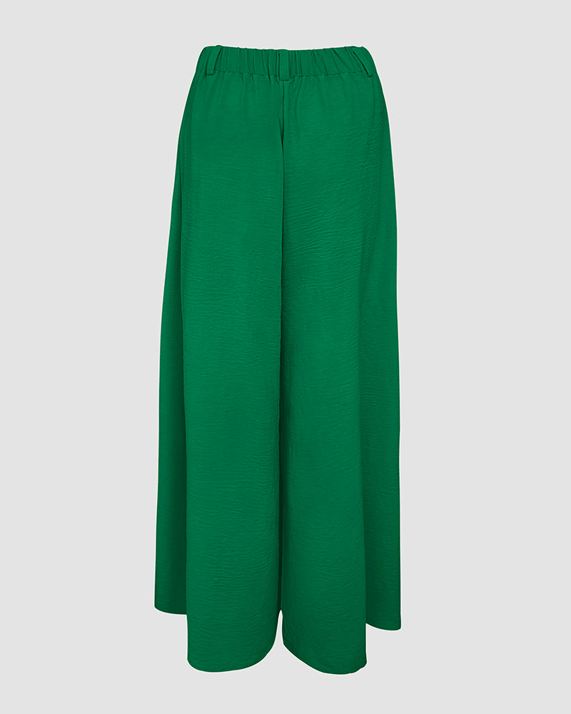 Skew Neck Lantern Sleeve Loose Top & Zipper Fly Wide Leg Pants Set without Belt